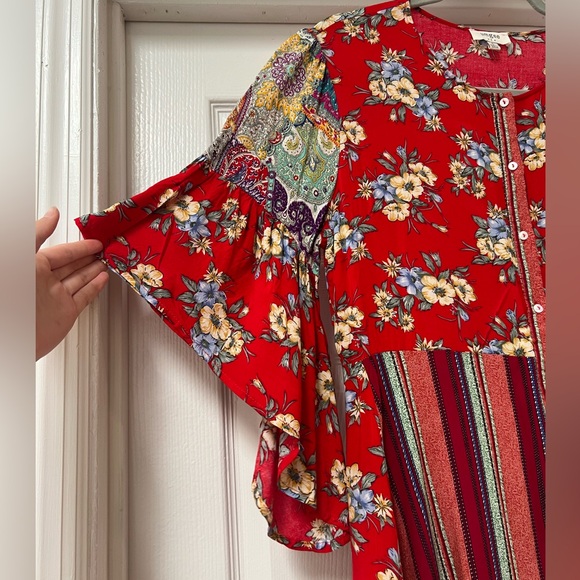 Umgee Womens Boho Patchwork Handkerchief Hem Midi Maxi Button Dress Size Large - Picture 4 of 5